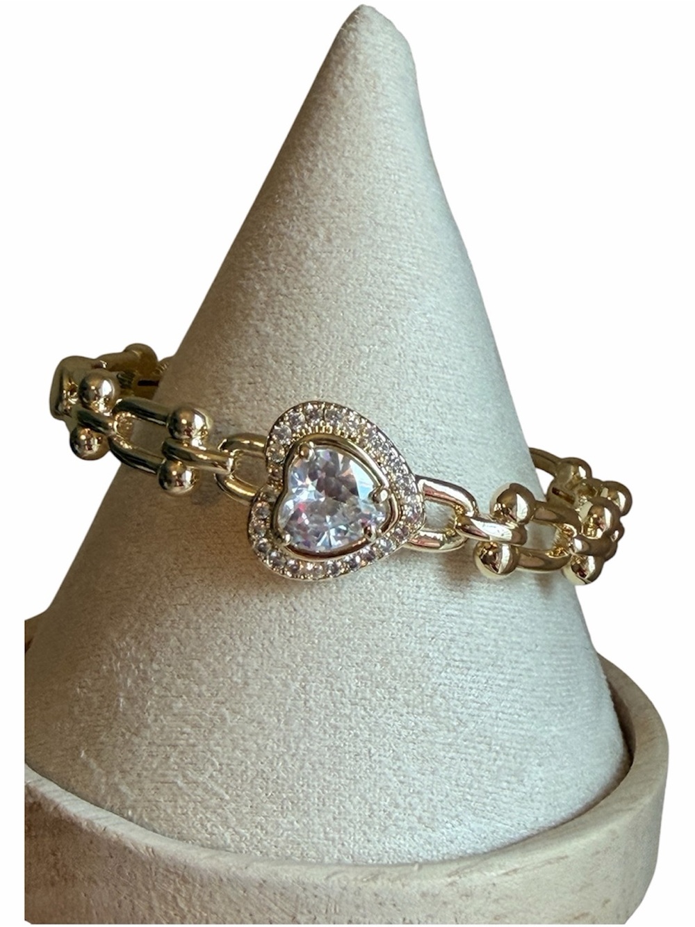 14K Gold Plated Heart Link Bangle with Clear Crystal Accent